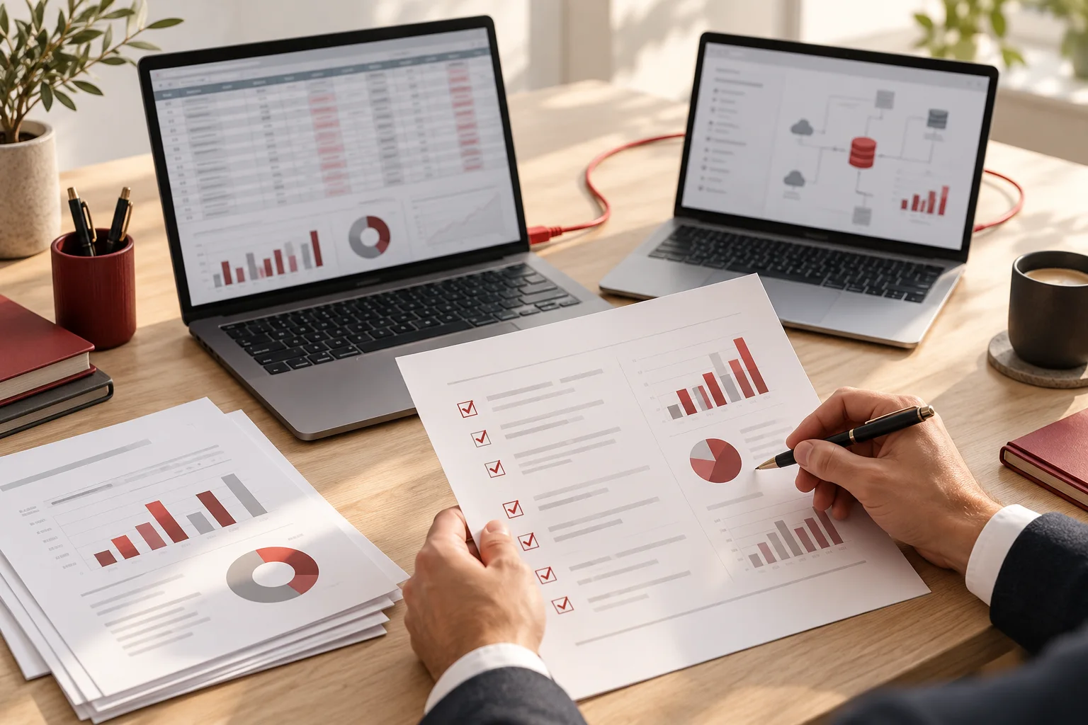 ERP ge&ccedil;işi &ouml;ncesinde raporları ve kontrol listesini karşılaştıran danışmanın &ccedil;alışma masası; temsili g&ouml;rsel